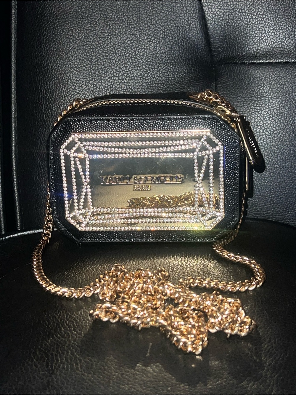 Karl Lagerfeld Black Crossbody Bag with Gold Chain and Crystal Plaque